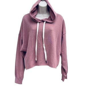 Raw hem cutoff crop French terry hoodie hooded long sleeve sweatshirt dusty pink